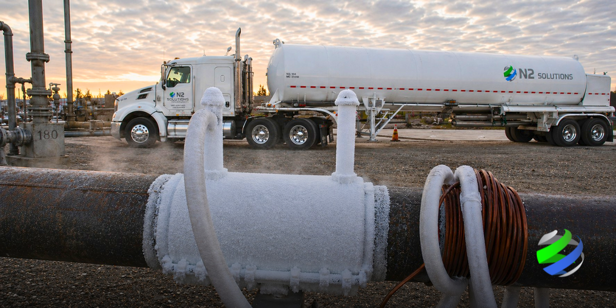 An N2 Solutions transport truck behind a pipeline with a freeze plug on it.