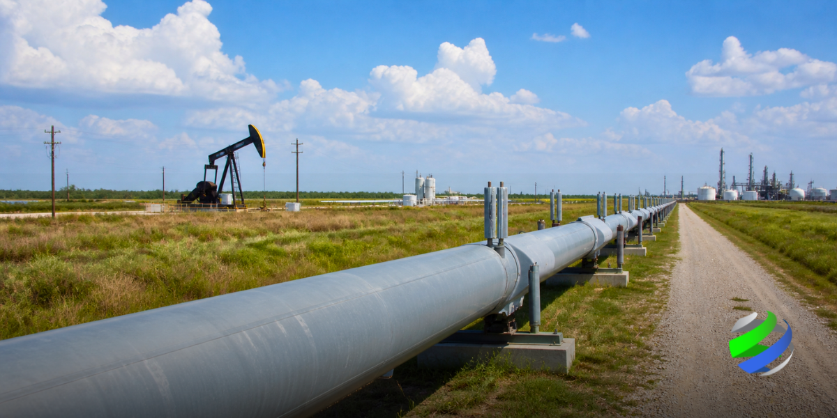 A pipeline with a pumpjack on the side, with a refinery in the distance.