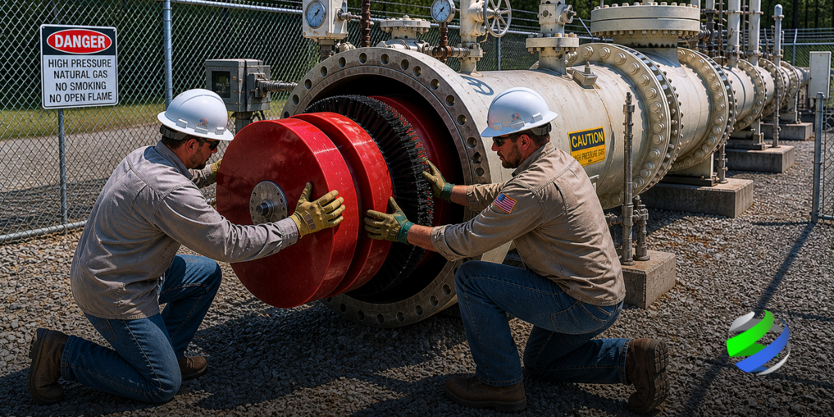 Two field workers inserting a pipeline pig into a pipeline.